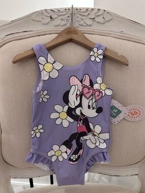 🤍 18~24 Mth Disney Minnie Mouse Lavender & Daisies One-Piece Ruffle Swimsuit NWT